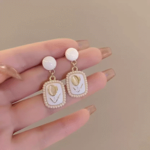 Korean White Tulip Pearl Drop Earrings